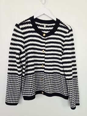 Talbots Black and White Knit Scalloped Print Gold Button Cardigan Size L